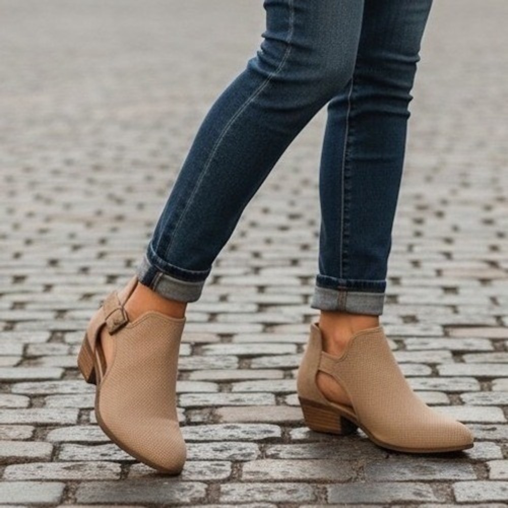 Lane Bryant Taupe Perforated Side Cutout Ankle Booties 8W Low Stacked Heel - Picture 7 of 12